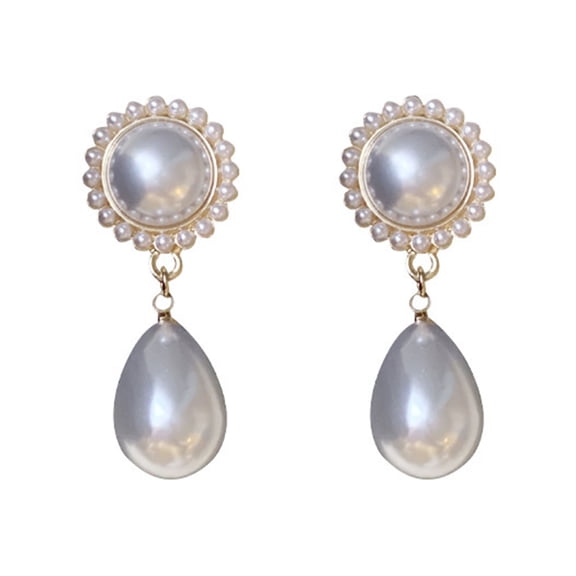 Mightlink Palace Style Retro Faux Pearls Waterdrop Shape Dangle Earrings Golden Trim Ear Clip Design Drop Earrings Fashion Jewelry Gift
