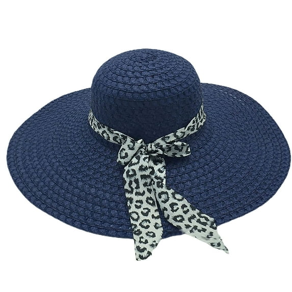 Mightlink Sunscreen Braided Foldable Straw Hat Leopard Bowknot Decor Wide Brim Women Beach Hat Fashion Accessories