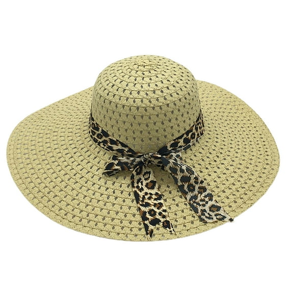 Mightlink Sunscreen Braided Foldable Straw Hat Leopard Bowknot Decor Wide Brim Women Beach Hat Fashion Accessories