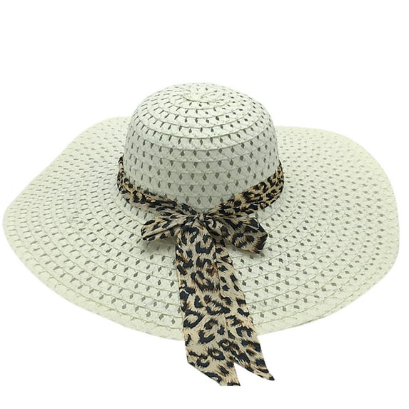 Mightlink Sunscreen Braided Foldable Straw Hat Leopard Bowknot Decor Wide Brim Women Beach Hat Fashion Accessories