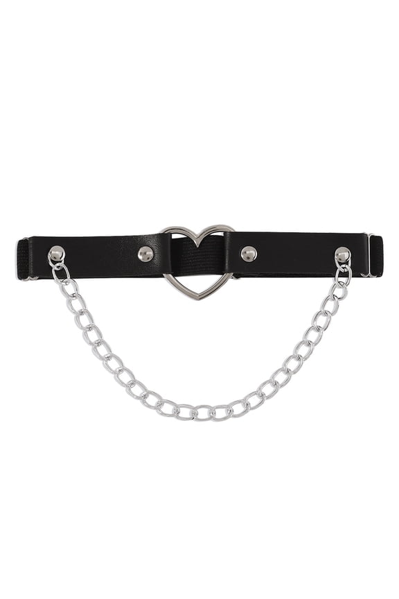 Thigh Ring Black Faux Leather Strap Link Chain Elastic Love Heart Charm Leg Garter Belt Body Jewelry