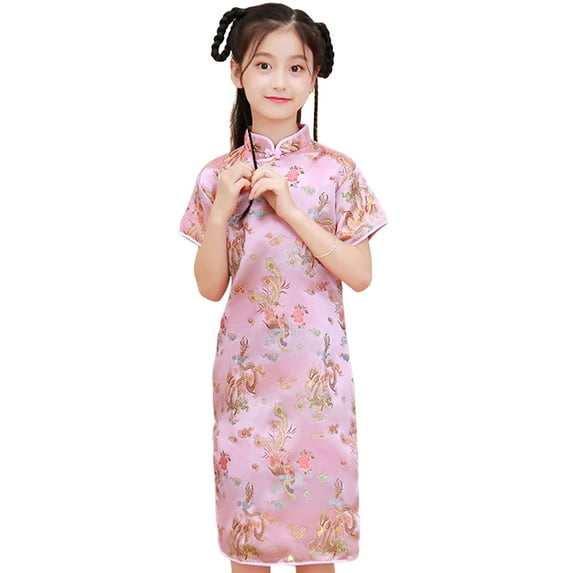 Mightlink Toddler Dress Exquisite Pattern Stand Collar Vivid Color Retro Style Super Soft Decorative Polyester Baby Girl Phoenix Print Cheongsams Dress for Club