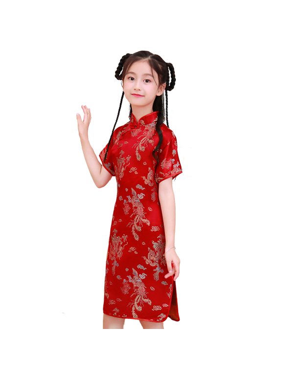Toddler Dress Exquisite Pattern Stand Collar Vivid Color Retro Style Super Soft Decorative Polyester Baby Girl Phoenix Print Cheongsams Dress for Club