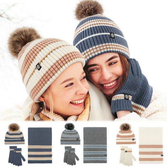 Mightlink Unisex Winter Beanie Scarf Gloves,Striped Knitted Warm Cap Gloves Thick Plush Ball Decor,Dome Neck Wrap Windproof Set for Outdoor