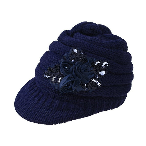 Mightlink Wide Brim Earflap Solid Color Knitted Cap Women Winter Sequins Flower Decor Beret Hat