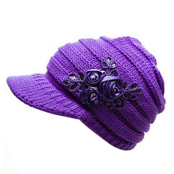 Mightlink Wide Brim Earflap Solid Color Knitted Cap Women Winter Sequins Flower Decor Beret Hat