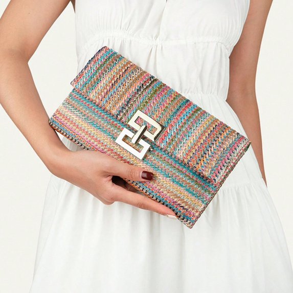 Mightlink Women Clutch Bag Envelope Shape Bohemian Style Foldable Double-layer Straw Braided Handbag for Summer Beach Vacation