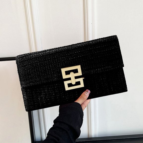 Mightlink Women Clutch Bag Envelope Shape Bohemian Style Foldable Double-layer Straw Braided Handbag for Summer Beach Vacation