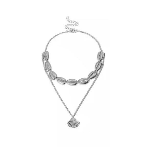 Mightlink Women Necklace Double Layers Seashell Pendant Hollow Chain Ethnic Style Stainless Neck Decoration Jewelry Party Beach Clavicle Necklace