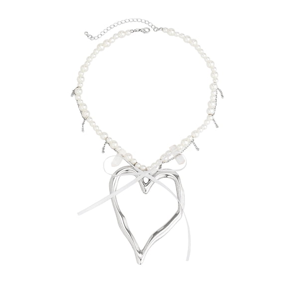 Mightlink Women Necklace Faux Pearl Big Heart Pendant Hollow Chain Bow Decor Adjustable Length Stainless Neck Decoration Jewelry Party Beach Clavicle Necklace