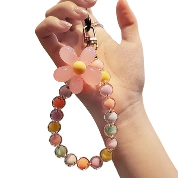 Mightlink Women Phone Wrist Lanyard Candy Color Flower Beads Phone Wrist Rope Anti-lost Cell Phone Case Hand-held Strap