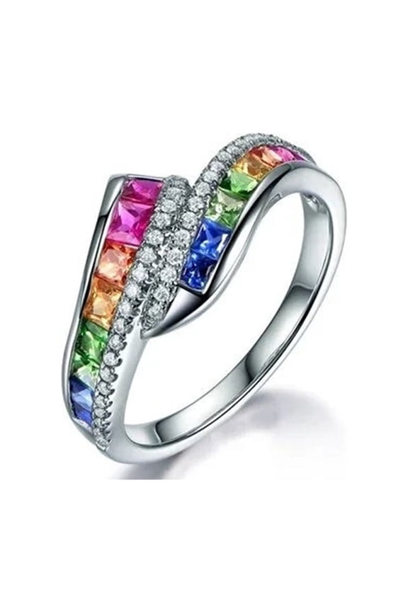 Women Ring Shiny Rhinestone Inlaid Sparkling Geometric Electroplating Decoration Gift Rainbow Colored Faux Gemstone Party Ring Jewelry for Dating