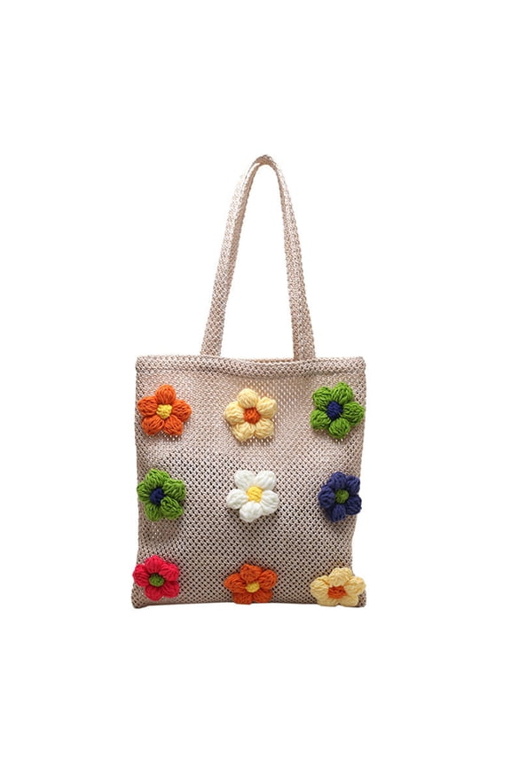 Women Shoulder Bag Crochet Flower Large Capacity Hand Woven Ladies Colorful Hollow Out Handbag for Outdoor