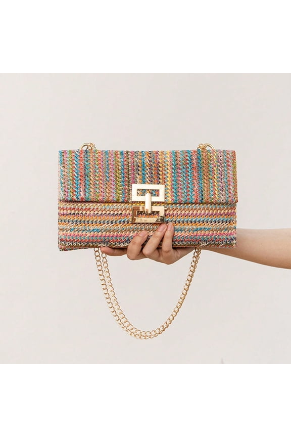 Women Shoulder Bag Double-layer Foldable Envelope Shape Bohemian Style Chain Strap Straw Braided Buckle Lock Handbag Summer Beach Vacation Party