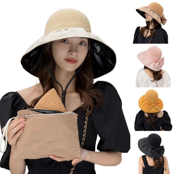 Mightlink Women Sun Hat Contrast Color Wide Brim Foldable Soft Vinyl Sunscreen Decorative Breathable Summer Beach Hat Clothes Accessory