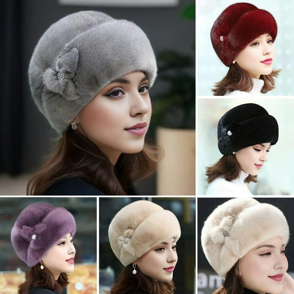 Mightlink Women Winter Hat Solid Color Beanie Thick Plush Faux Fur Decor Heat Retention Outdoor Cycling Skiing Windproof Hat