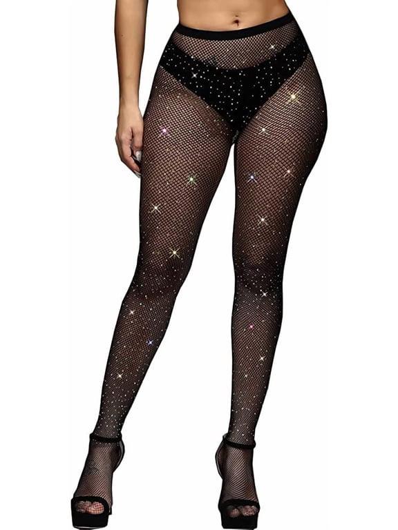Women's Hollow Out Rhinestone Pantyhose, Sparkle Fishnets Sexy Tights, High Waist Stockings