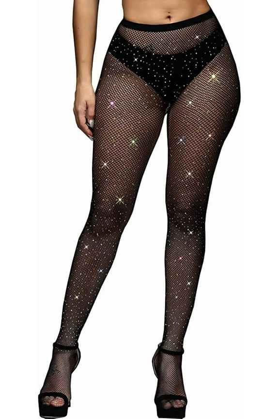 Women's Hollow Out Rhinestone Pantyhose, Sparkle Fishnets Sexy Tights, High Waist Stockings