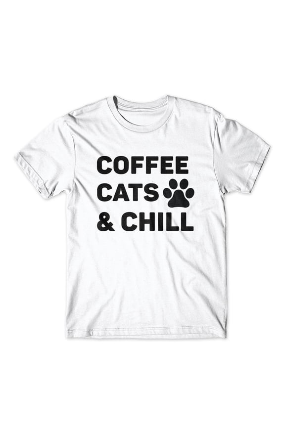 Coffee Cats & Chill T-Shirt 100% Cotton Premium Tee - White, Medium