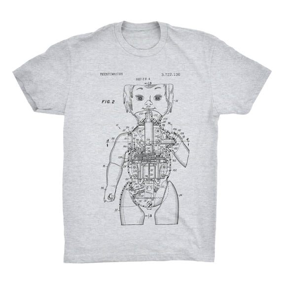 Mighty Circus Robot Doll Patent T-Shirt - Gray, Extra Large