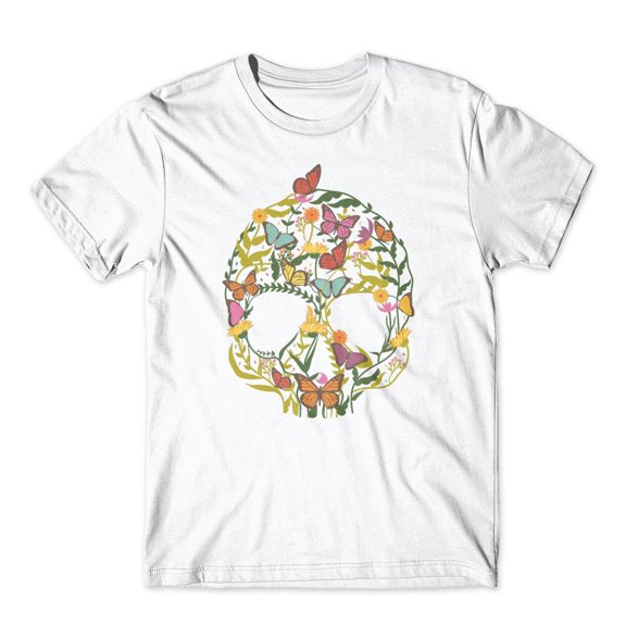 Mighty Circus Skull Flowers Butterfly T-Shirt 100% Cotton Premium Tee NEW - White, Small
