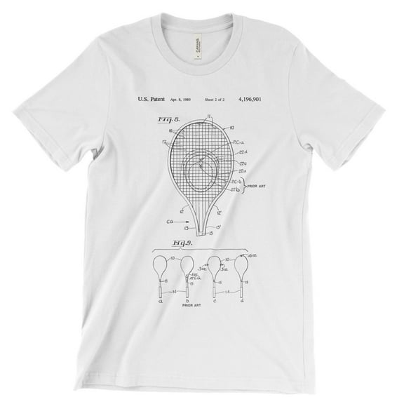 Mighty Circus Tennis Racket Patent T-Shirt - White, Four Extra Large