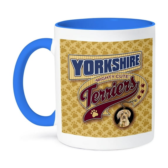 3dRose, Mighty Cute Yorkshire Terrier Design over Paw Print Background, 15oz Two-Tone Blue Mug