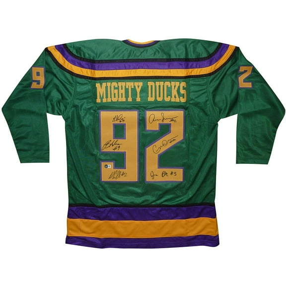 Mighty Ducks Cast Autographed (Green #92) Custom Hockey Jersey w/ Ducks Fly Together - 6 Signatures - Beckett