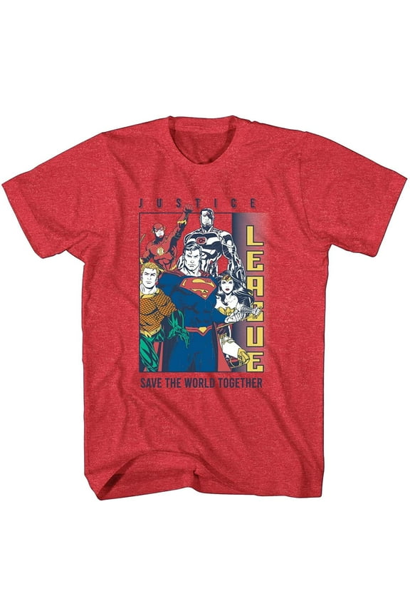 Mighty Fine Boys Justice League Short Sleeve T-Shirt - Batman, Flash, Wonder Woman, Aquaman and Cyborg Large, Red Heather