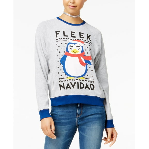 Mighty Fine DOE Juniors' Fleek Navidad Raglan Sweatshirt (Heather Grey, S)