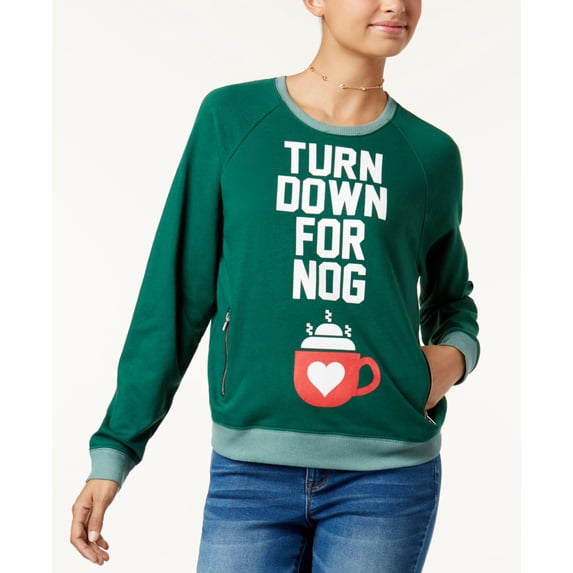 Mighty Fine DOE Juniors' Turn Down for Nog Raglan Sweatshirt (Green, M)