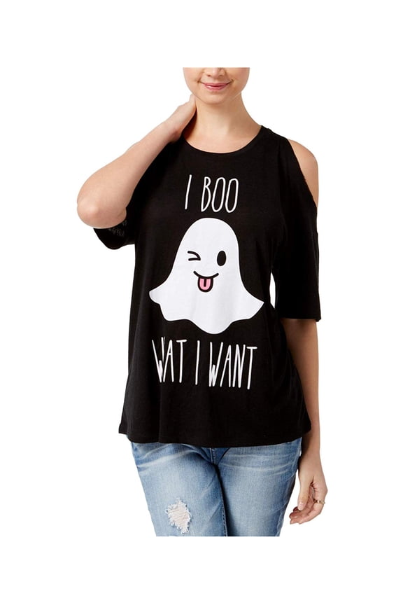 Juniors' Boo Ghost Cold Shoulder Graphic Top (Black, Large)