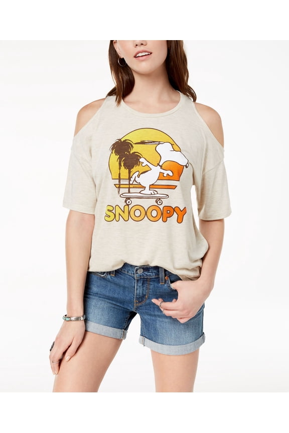Juniors Cold Shoulder Snoopy Graphic T-Shirt Heather Oatmeal XL
