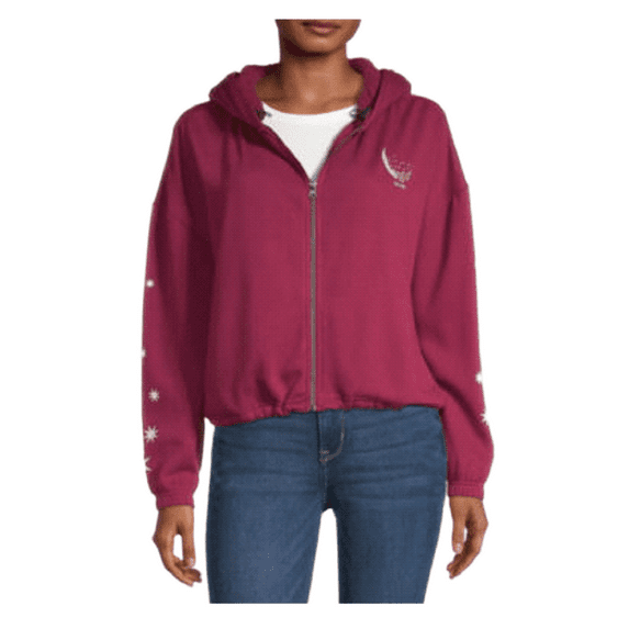 Mighty Fine La Lune Burgundy Junior Women's Cropped Zip Up Hoodie (Medium)