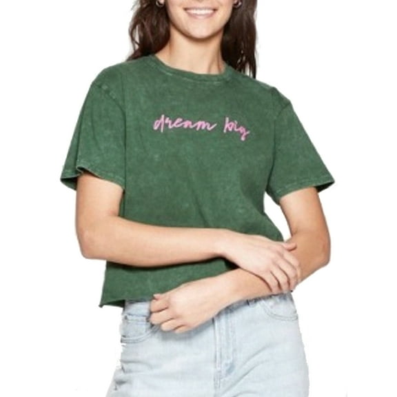 Mighty Fine Women's dream big Distressed Green Crop Top T-Shirt