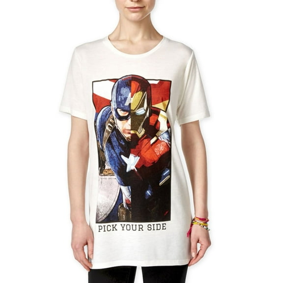 Mighty Fine Womens Avengers Pick Your Side Graphic T-Shirt, Off-White, Juniors, Small