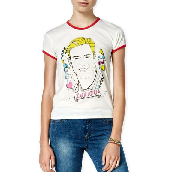 Mighty Fine Womens Zack Attack Ringer Graphic T-Shirt, Off-White, Juniors, Large