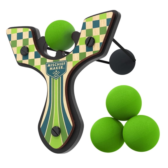 Mighty Fun Mischief Maker Racing Green Wooden Slingshot Toy with Soft Foam Balls