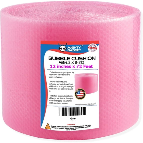 Mighty Gadget Reusable Durable Lightweight Anti-Static Bubble Cushioning Wrap Roll, Pink