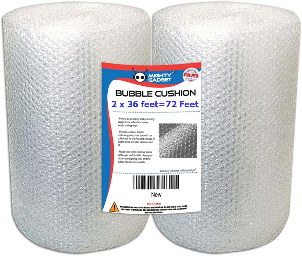 Mighty Gadget Bubble Cushion Wrap, Small Bubble, Perforated Bubble Roll, 12" x 36' Clear, 2 Pack