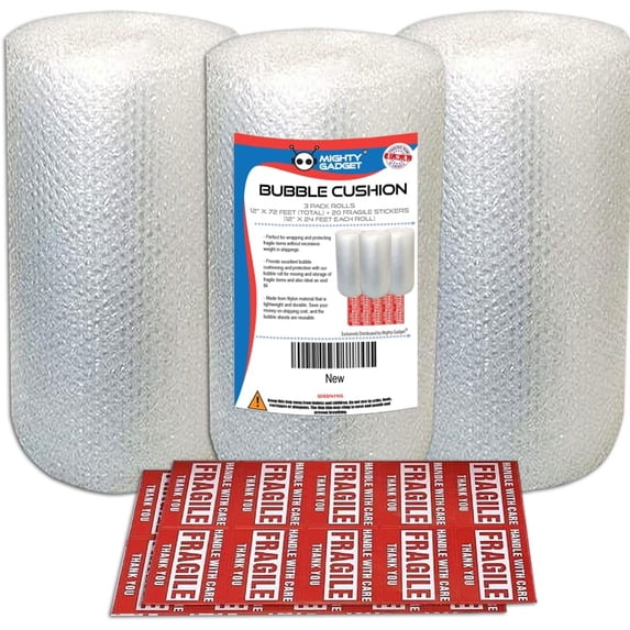 Mighty Gadget Versatile Bubble Wrap Roll for Moving Protection and Cushioning, 3 Pack with 20 Bonus Fragile Stickers