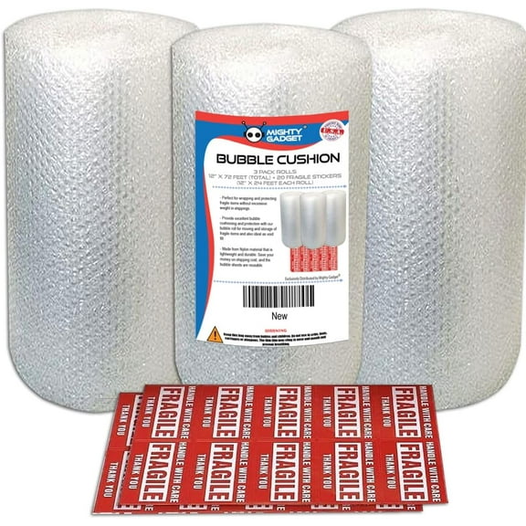 Mighty Gadget Versatile Bubble Wrap Roll for Moving Protection and Cushioning, 3 Pack with 20 Bonus Fragile Stickers