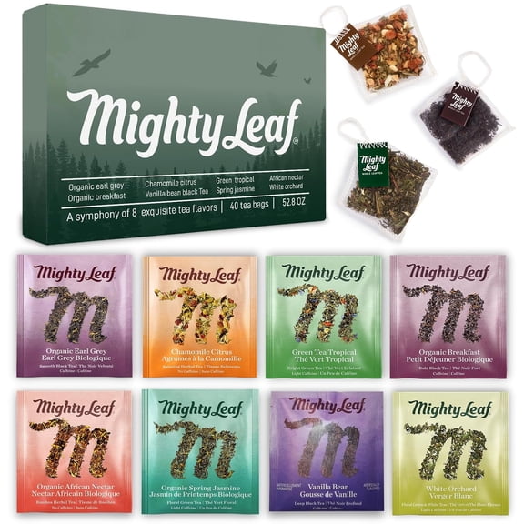 Mighty-Leaf Tea Bags Sampler Assortment (40 Silk Bags) Organic (8 Flavors), Tropical, Chamomile Citrus, Earl Grey, Vanilla Bean, White Orchard, Breakfast, Spring Jasmine, African Nectar, Tea Giftbox