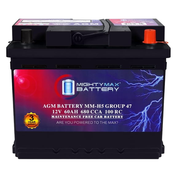 Mighty Max Battery MM-H5 Start and Stop Car BCI Group Size 47 12V 60 AH, 100RC, 680 CCA Rechargeable AGM Car Battery Y201