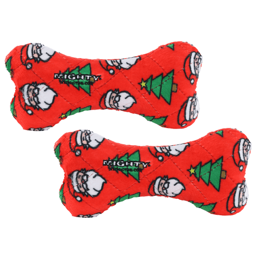 Mighty Medium Bone Christmas Durable Squeaky Fleece No Stuff Dog Toy, 2 Pack