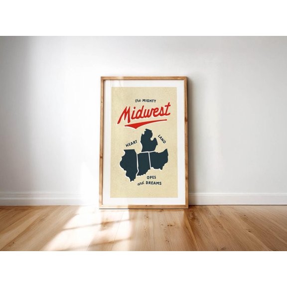 Mighty Midwest Wall Art Print With Retro State Travel Decor