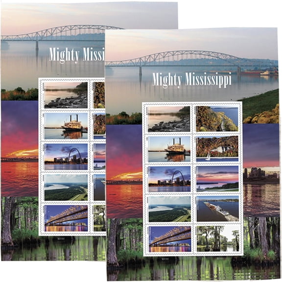 Mighty Mississippi USPS Forever Postage Stamp 2 Sheets of 10 US First Class Rivers Nature Wedding Celebration Letters (20 Stamps)