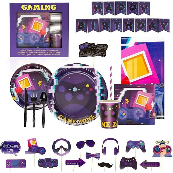 Mighty Mojo Video Game Party Kit Cups Plates Utensils Photo Booth Props