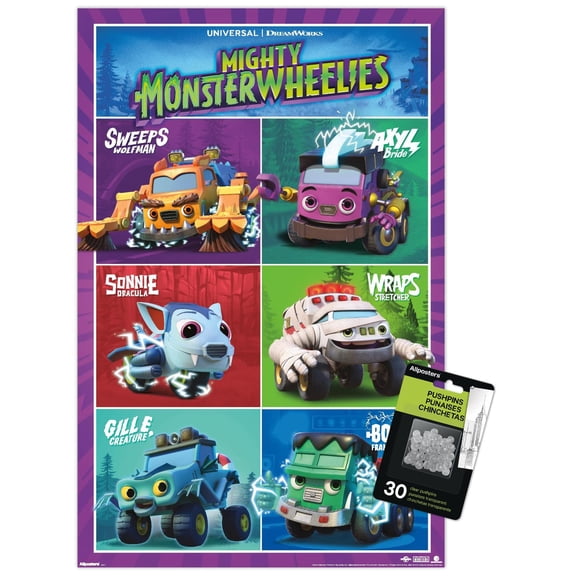 Mighty Monster Wheelies (2024) - Grid Wall Poster with Push Pins, 14.725" x 22.375"
