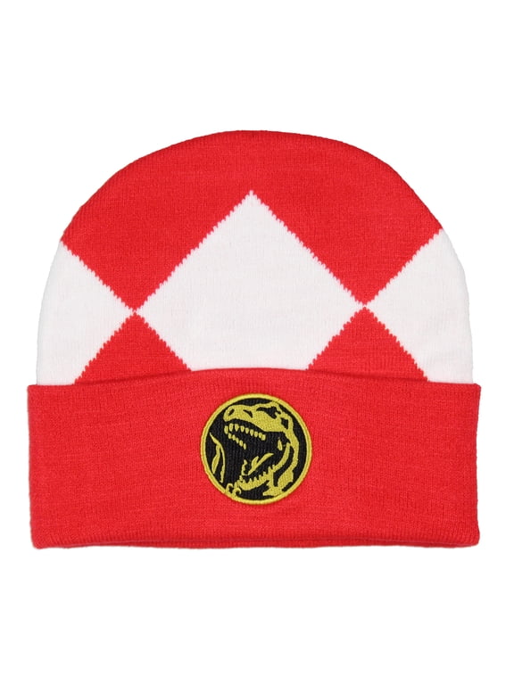 Mighty Morphin Power Ranger Embroidered TRex Dinosaur Coin Red Ranger Knit Cuff Men's Beanie Winter Hat Cap OSFM